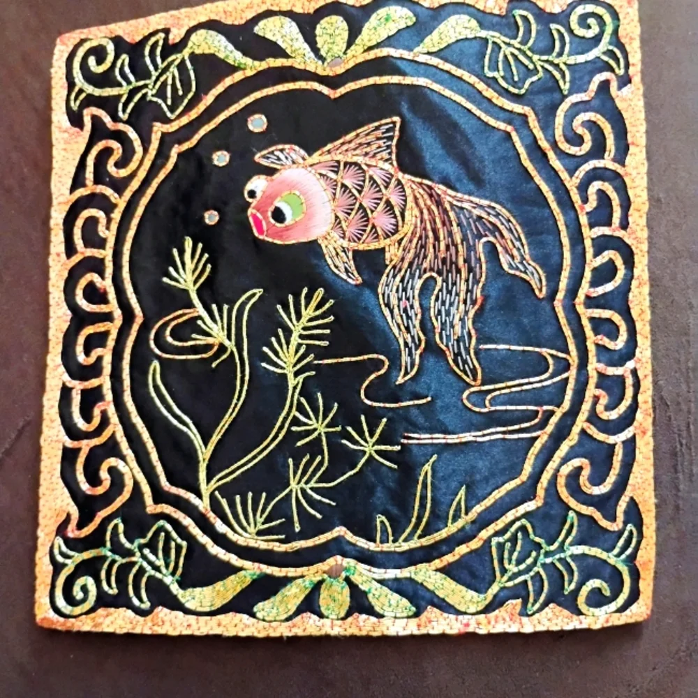 Embroidered Fish Design Wall Art - Black and Gold